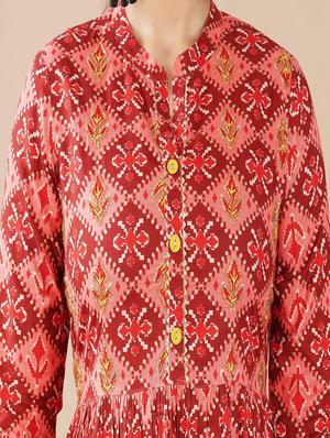 mandarin neck printed a-line dress - 18346872 - Standard Image - 4