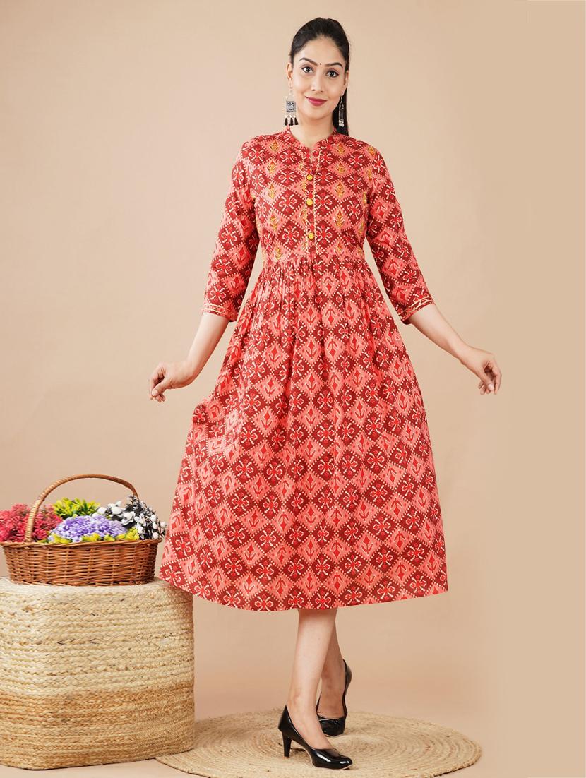 mandarin neck printed a-line dress - 18346872 - Zoom Image - 2