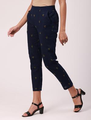 navy blue solid cigarette pants trouser - 18349128 - Standard Image - 3