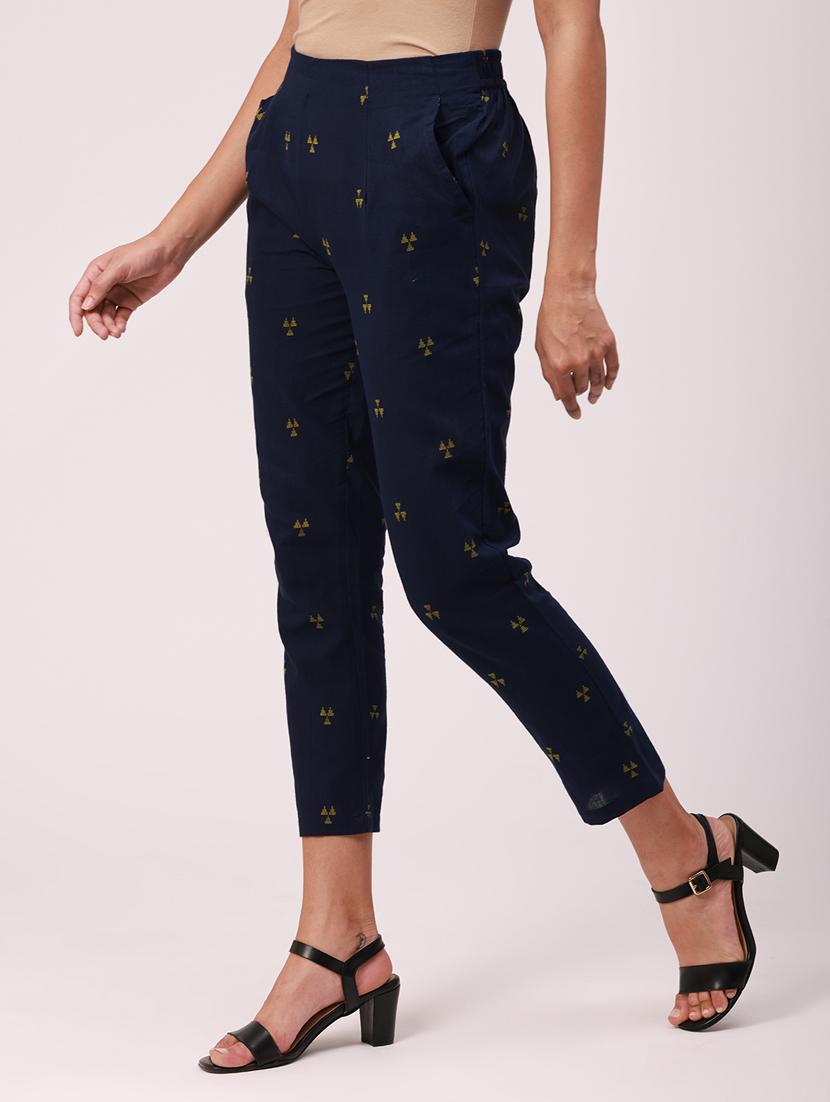 navy blue solid cigarette pants trouser - 18349128 - Zoom Image - 3