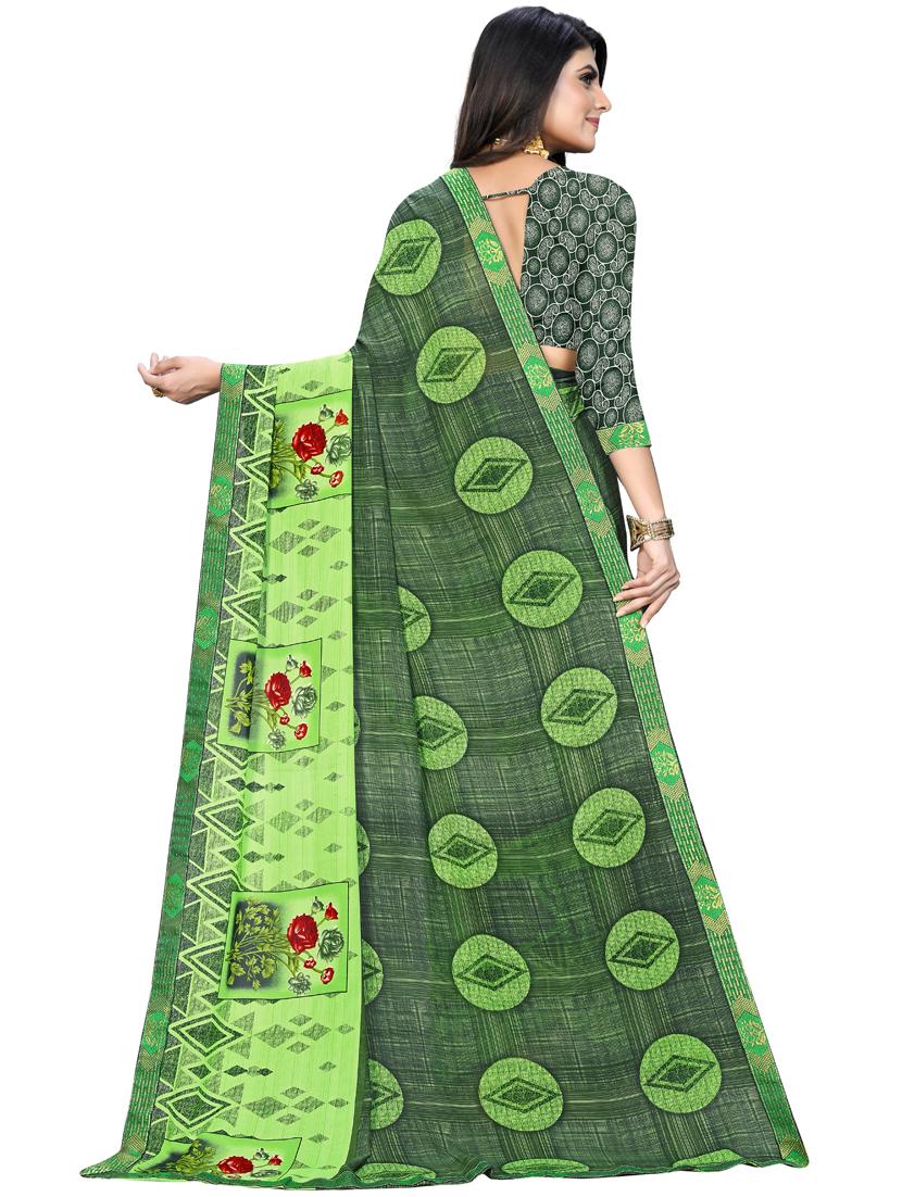 green georgette printed saree with blouse - 18351659 - Zoom Image - 2