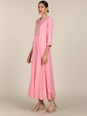 gold print yoke embroidered flared kurta - 18353099 - Standard Image - 2