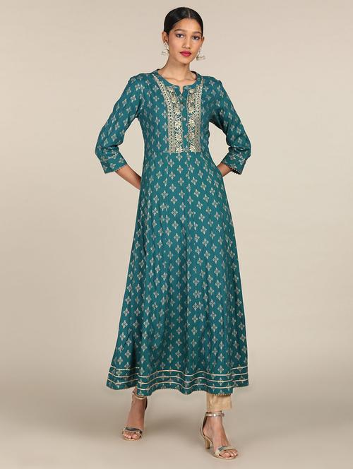 green printed flared kurta - 18353243 - Standard Image - 1