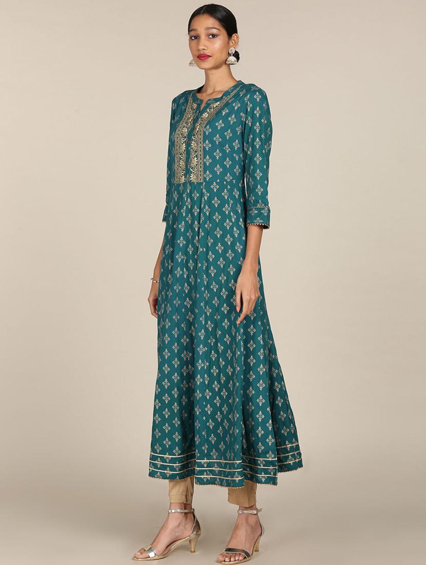 green printed flared kurta - 18353243 - Zoom Image - 2