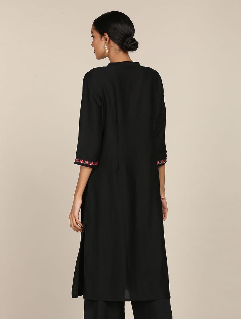 black embroidered straight kurta - 18353563 - Zoom Image - 3