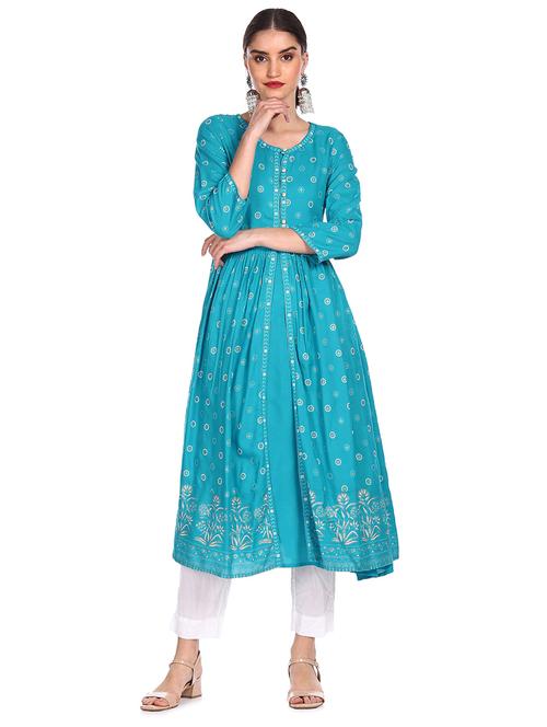 blue printed flared kurta - 18353573 - Standard Image - 1