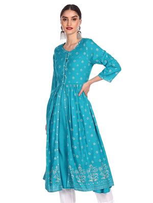 blue printed flared kurta - 18353573 - Standard Image - 2