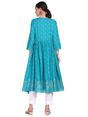 blue printed flared kurta - 18353573 - Standard Image - 4