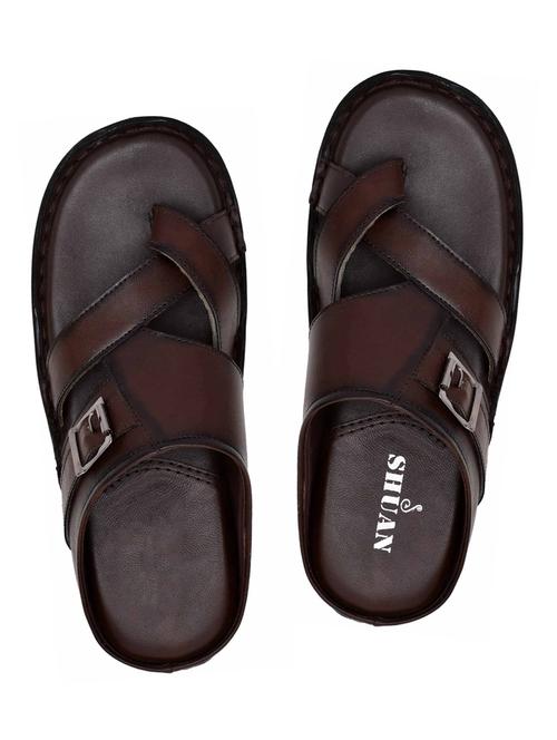 brown leatherette slip on slippers - 18356344 - Standard Image - 1