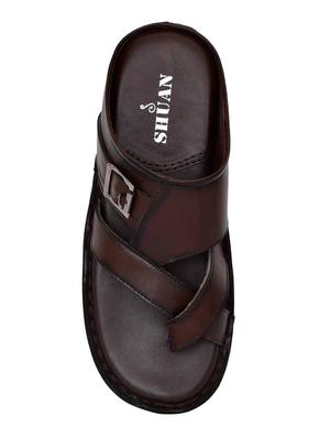 brown leatherette slip on slippers - 18356344 - Standard Image - 5