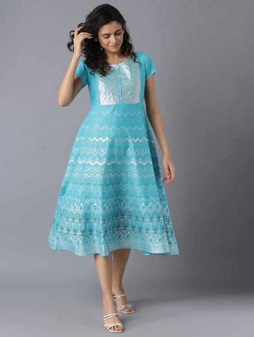 blue cotton flared ethnic dress - 18356398 - Standard Image - 1