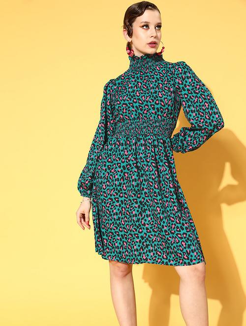 puffed sleeved printed a-line dress - 18356984 - Standard Image - 1