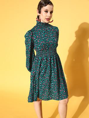 puffed sleeved printed a-line dress - 18356984 - Standard Image - 2