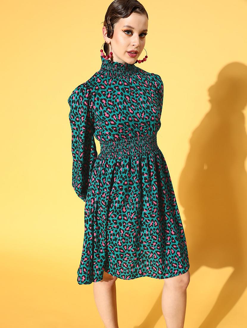 puffed sleeved printed a-line dress - 18356984 - Zoom Image - 2