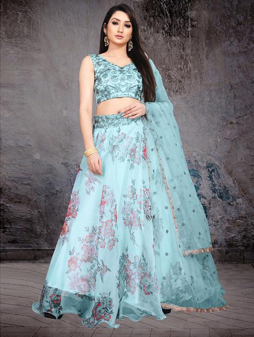 blue printed flared lehenga - 18358214 - Standard Image - 1