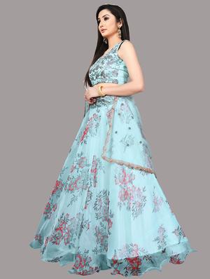 blue printed flared lehenga - 18358214 - Standard Image - 2
