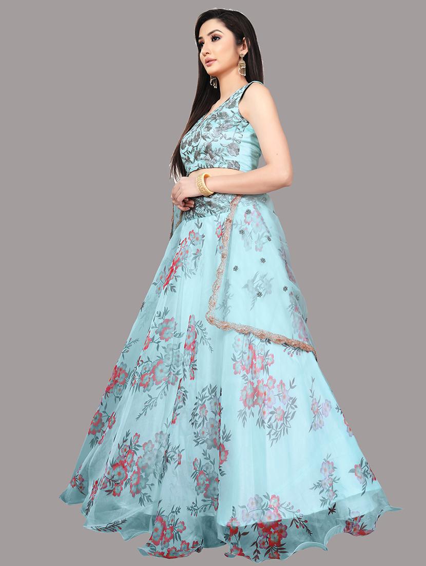 blue printed flared lehenga - 18358214 - Zoom Image - 2
