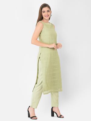 green cotton straight kurta - 18360237 - Standard Image - 3