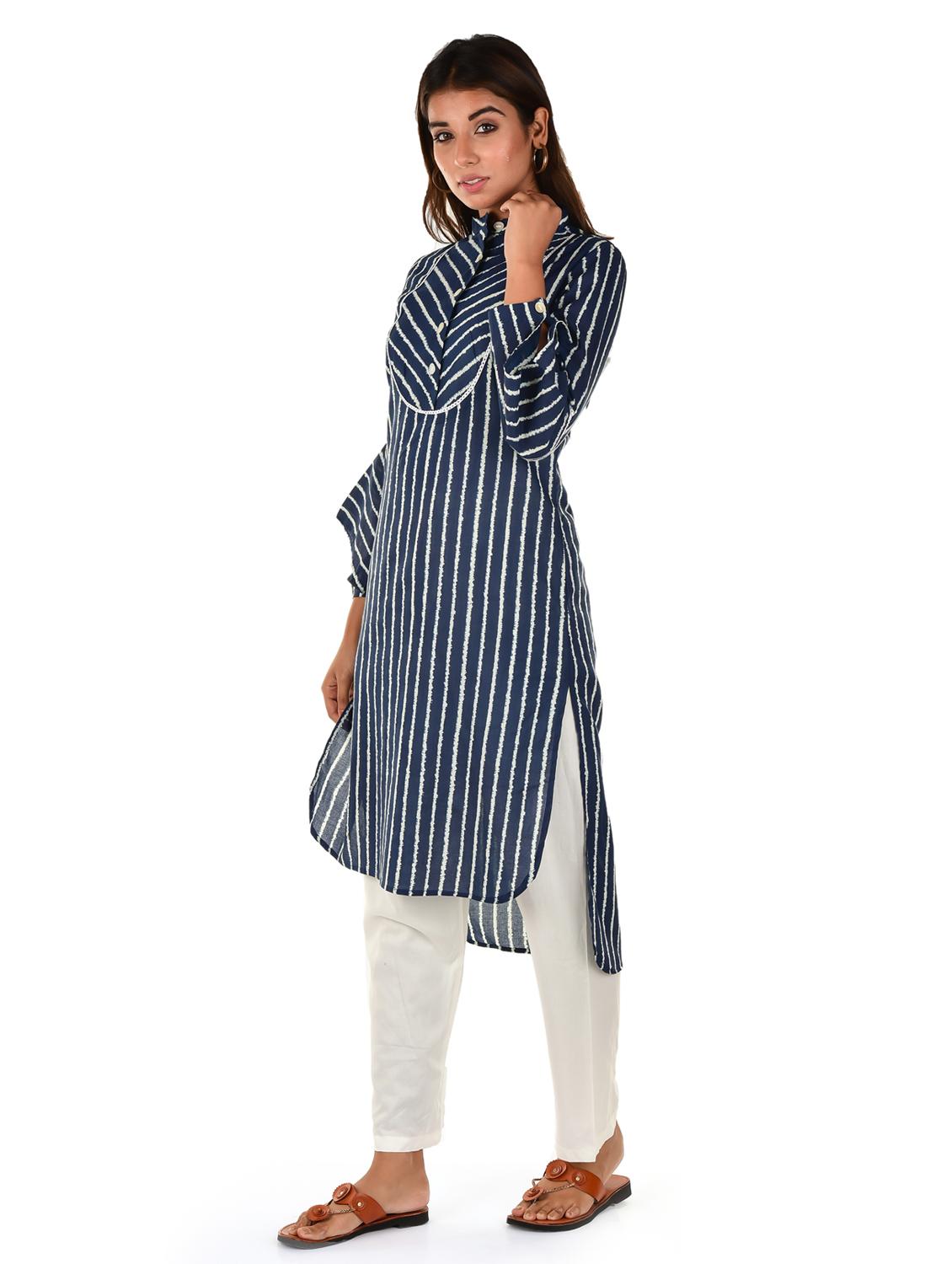 blue striped straight kurta - 18362825 - Zoom Image - 2