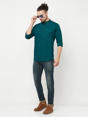 teal green solid kurta - 18366198 - Standard Image - 4