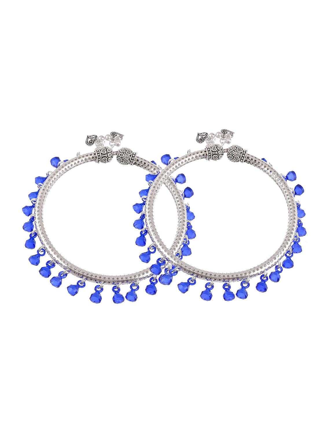 blue beads drop silver plated anklet kada - 18368668 - Zoom Image - 1