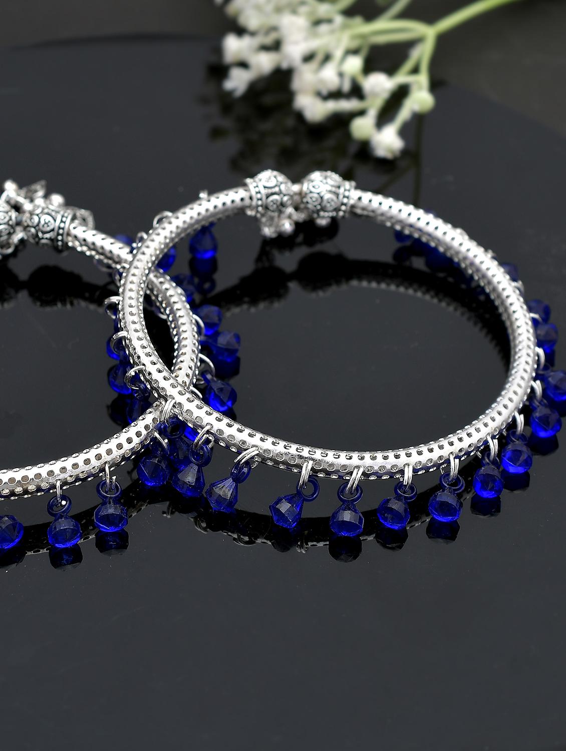 blue beads drop silver plated anklet kada - 18368668 - Zoom Image - 2