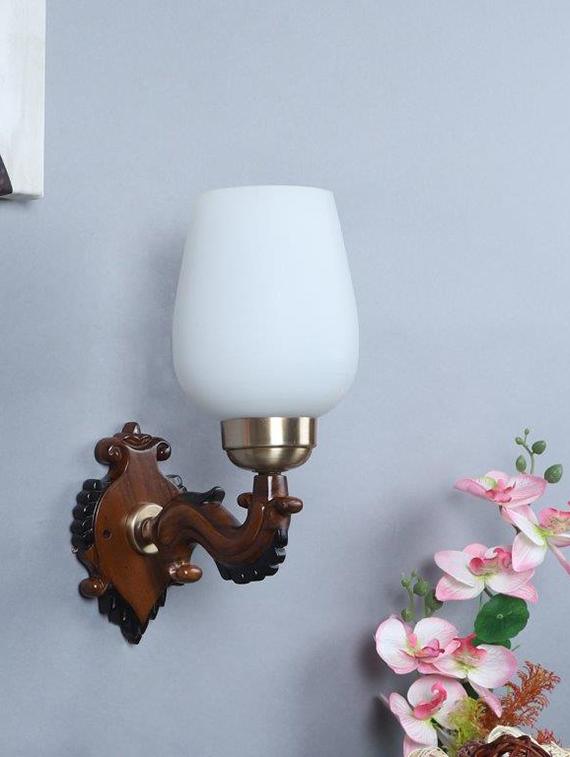 eliante brown wood base white glass shade wall light - 8451-1w - without bulb - 18369426 - Zoom Image - 1