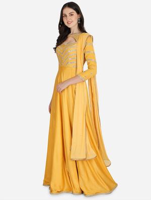 yellow solid flared gown - 18369749 - Standard Image - 2