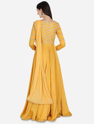 yellow solid flared gown - 18369749 - Standard Image - 3