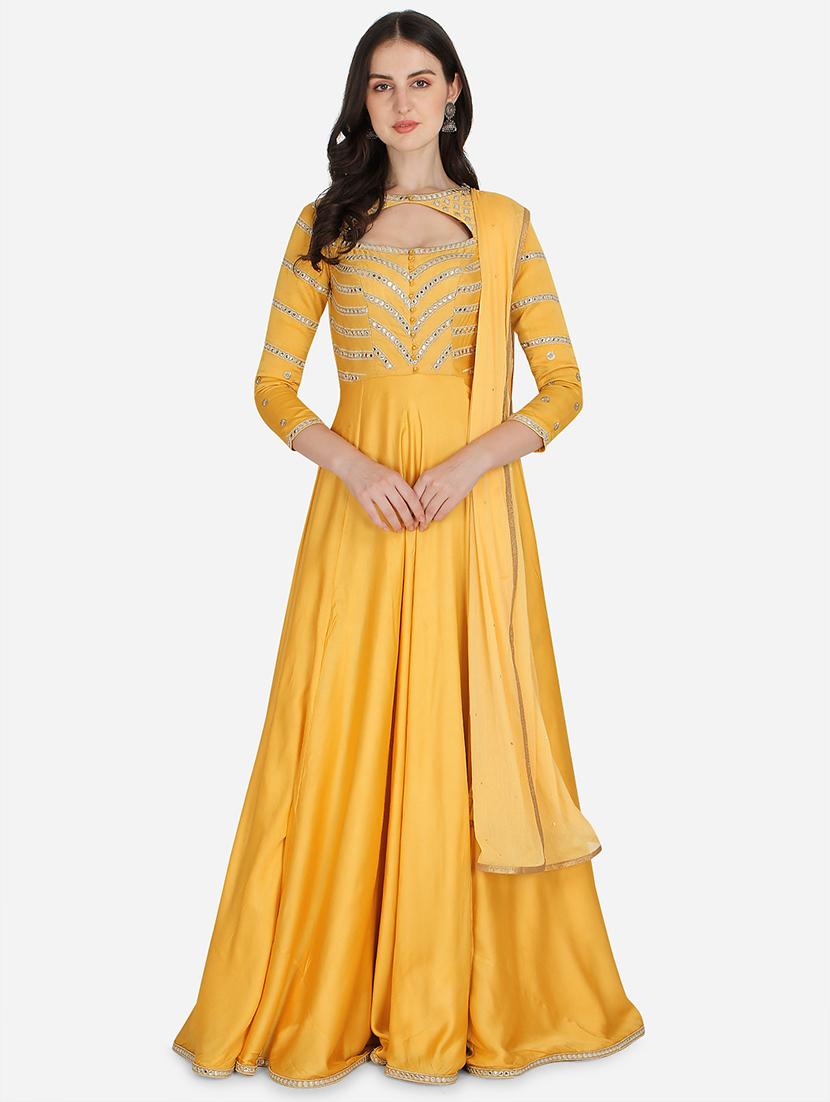 yellow solid flared gown - 18369749 - Zoom Image - 1
