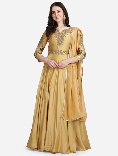beige embroidered flared gown - 18369751 - Standard Image - 1
