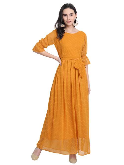 puff sleeved self design fit & flare dress - 18370208 - Very Small Image - 1