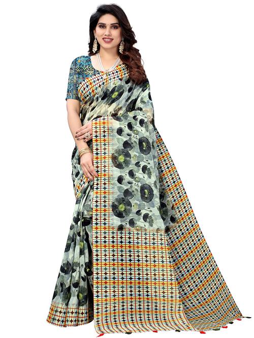 white cotton blend printed saree with blouse - 18370270 -  Standard Image - 0