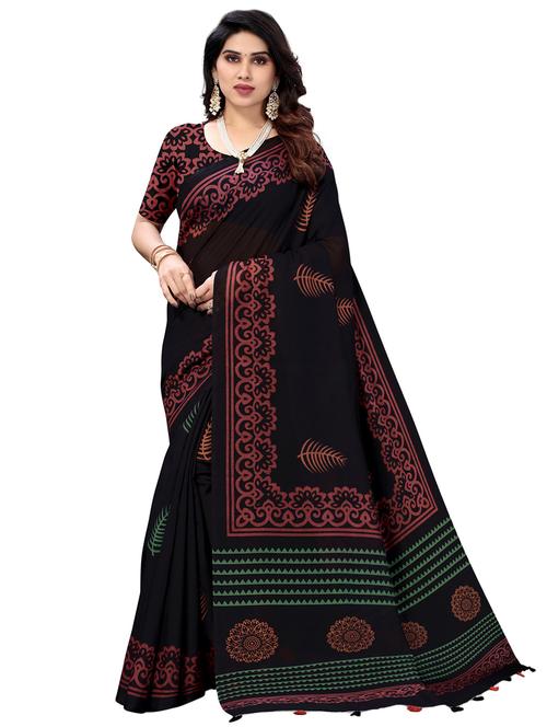black cotton blend printed saree with blouse - 18370272 - Standard Image - 1