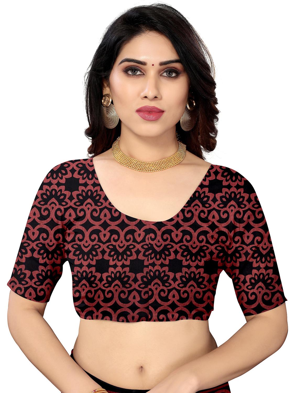 black cotton blend printed saree with blouse - 18370272 - Zoom Image - 3
