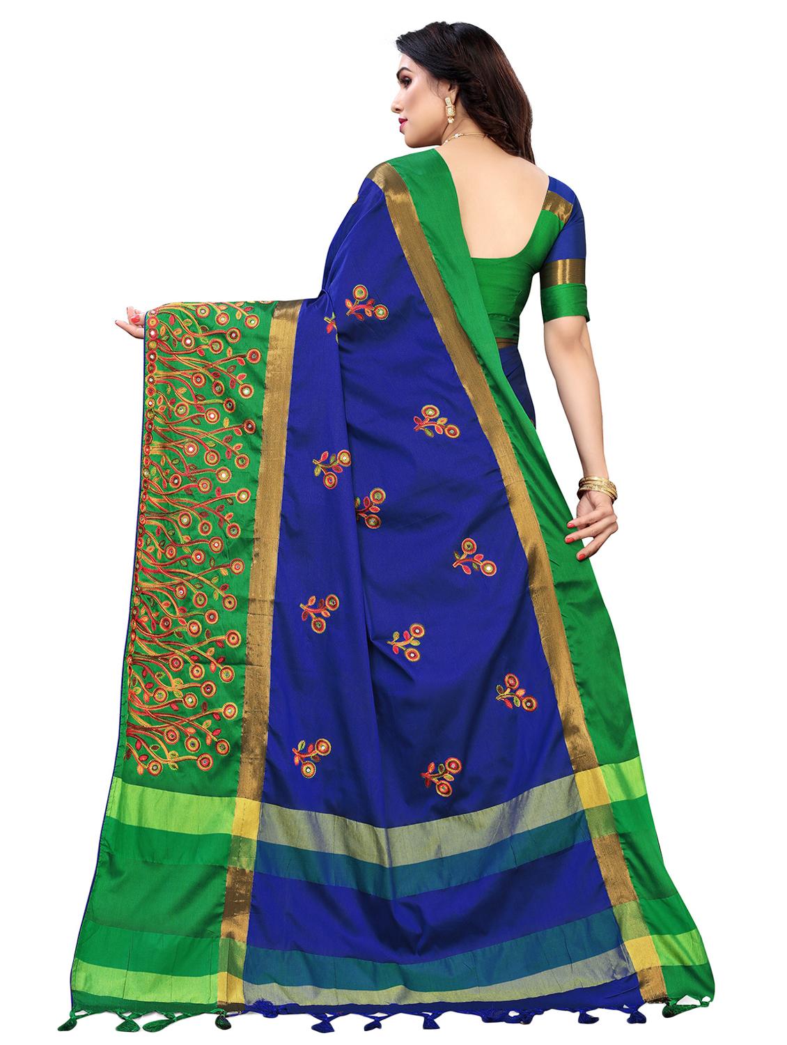blue cotton blend embroidered saree with blouse - 18370290 - Zoom Image - 2