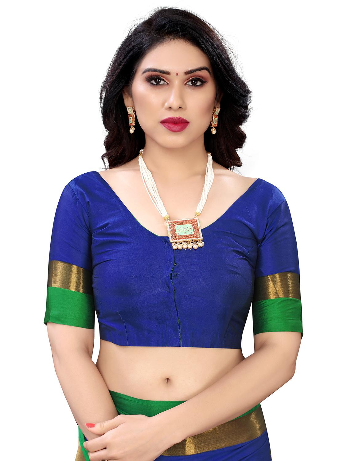 blue cotton blend embroidered saree with blouse - 18370290 - Zoom Image - 3