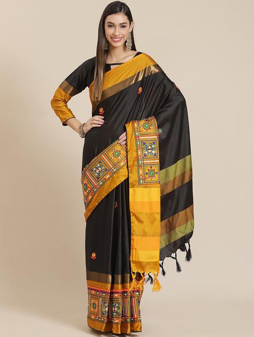 black cotton silk embroidered saree with blouse - 18370301 - Standard Image - 1