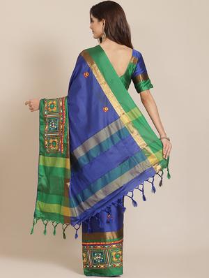blue cotton silk embroidered saree with blouse - 18370302 - Standard Image - 2