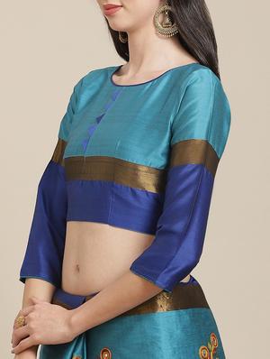 turquoise cotton silk embroidered saree with blouse - 18370339 - Standard Image - 3