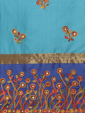turquoise cotton silk embroidered saree with blouse - 18370339 - Standard Image - 5