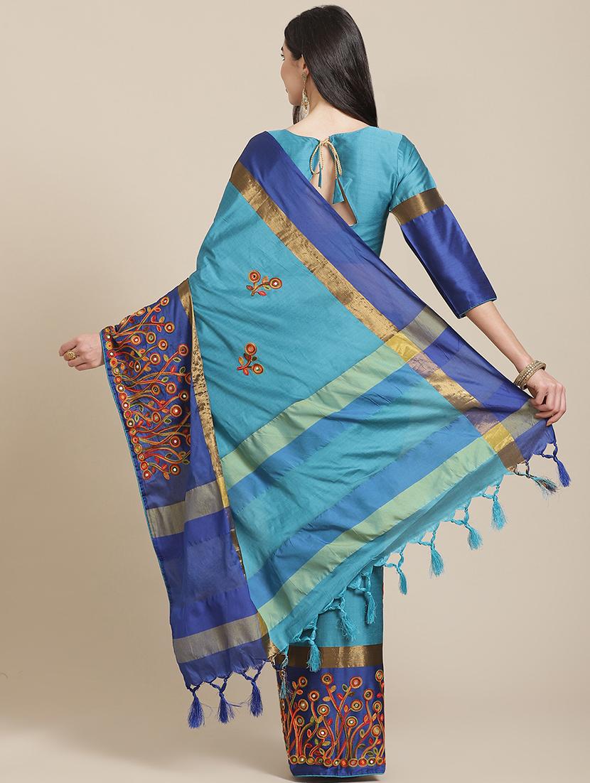 turquoise cotton silk embroidered saree with blouse - 18370339 - Zoom Image - 2
