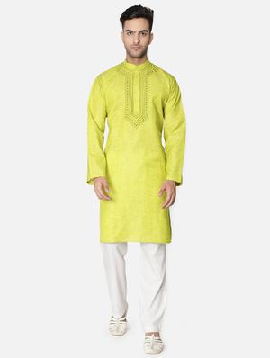 green neck embroidered long kurta - 18371550 - Standard Image - 2