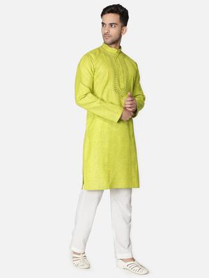 green neck embroidered long kurta - 18371550 - Standard Image - 4