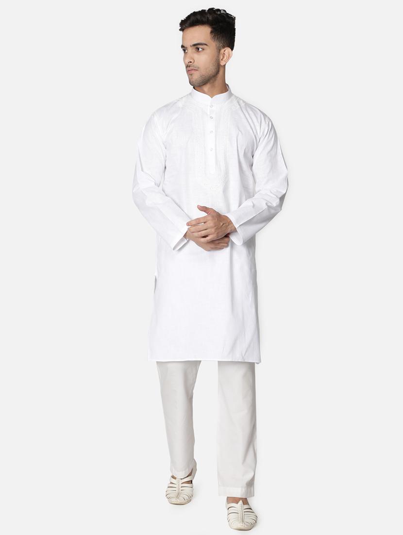white neck embroidered long kurta - 18371551 - Zoom Image - 2