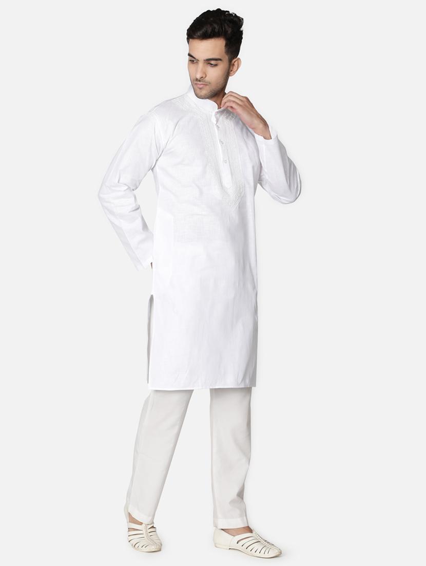 white neck embroidered long kurta - 18371551 - Zoom Image - 4