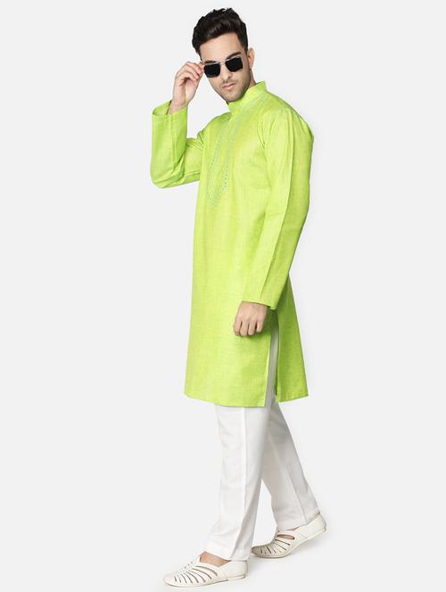 green neck embroidered long kurta - 18371553 - Standard Image - 1