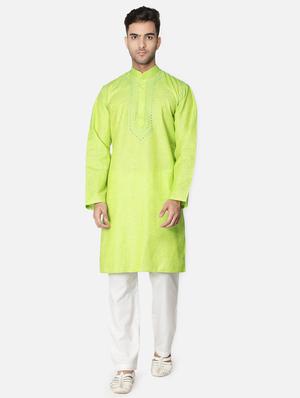 green neck embroidered long kurta - 18371553 - Standard Image - 2