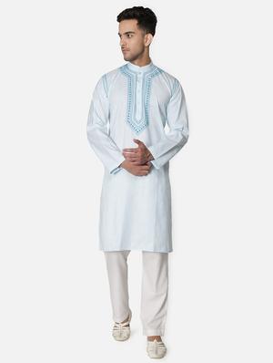 light blue neck embroidered long kurta - 18371554 - Standard Image - 2