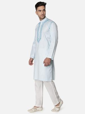 light blue neck embroidered long kurta - 18371554 - Standard Image - 3